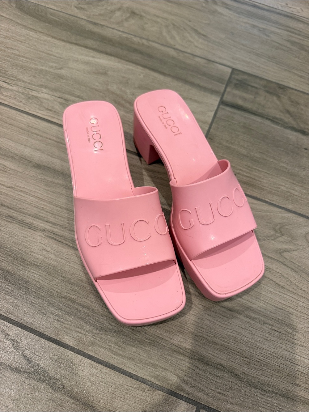 Gucci Pink Block Heel Slide Mules authentic